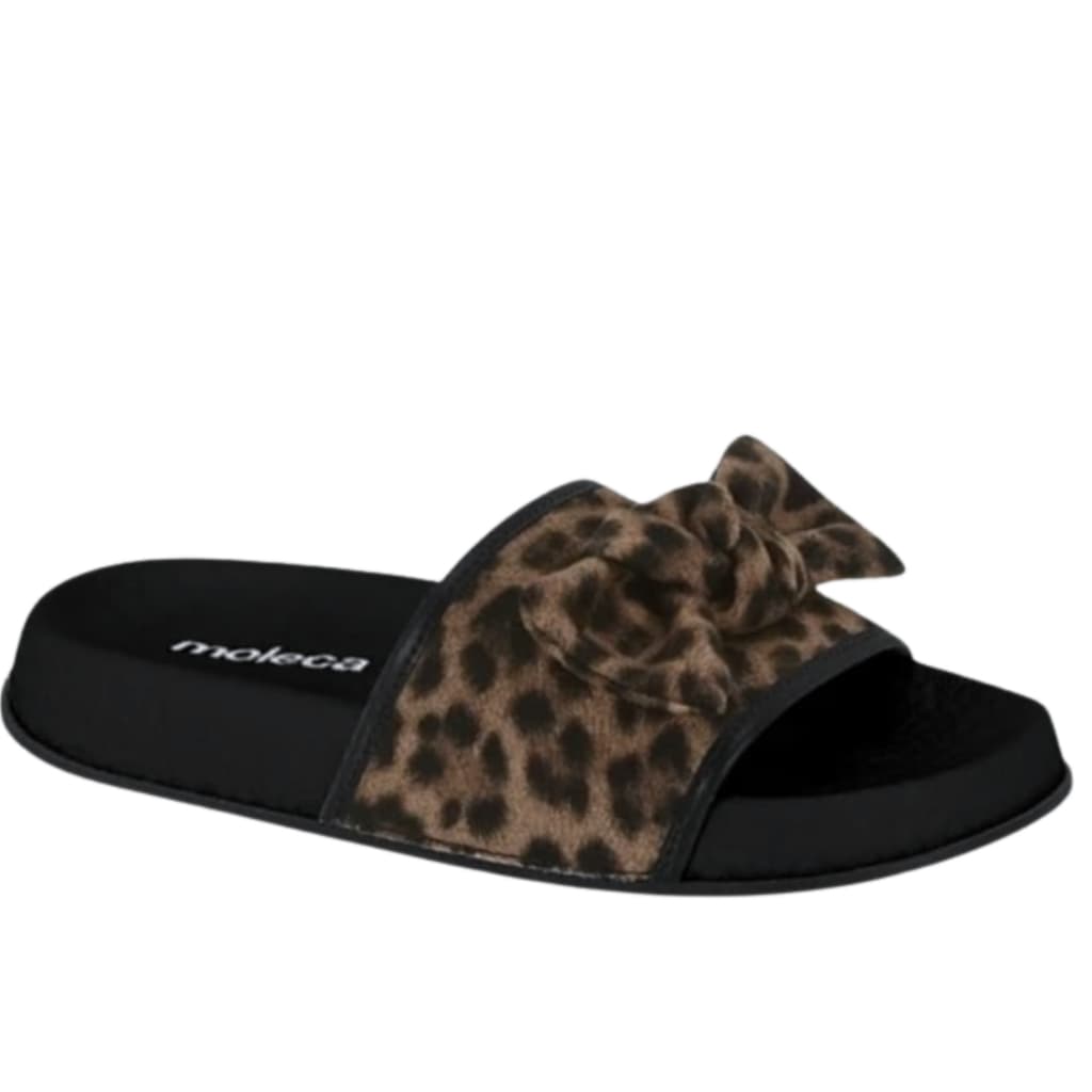 Sandália Feminina Moleca Papete 5538.103 Com Laço Napa Preto e Camurça Camel Casual