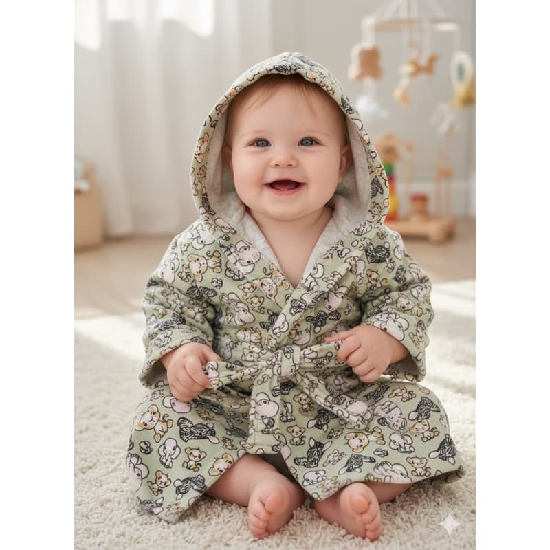 Roupão atoalhado bebê 1 a 2 anos estampado Safari toalha de banho com capuz, cinto e sem bolsos, tamanho BABY bichinhos