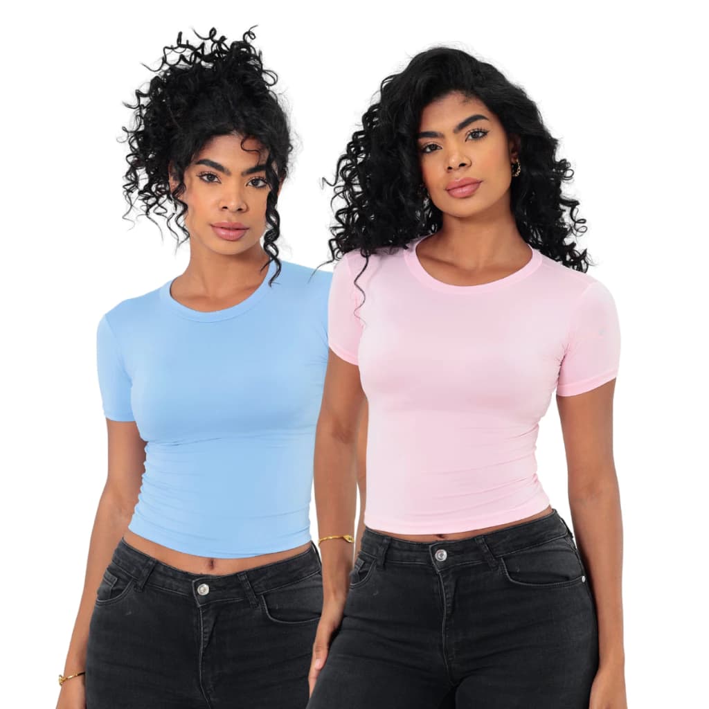 Kit 2 Baby Tee Feminina Slim Fit – Blusa Manga Curta Candy Colors Moda Casual