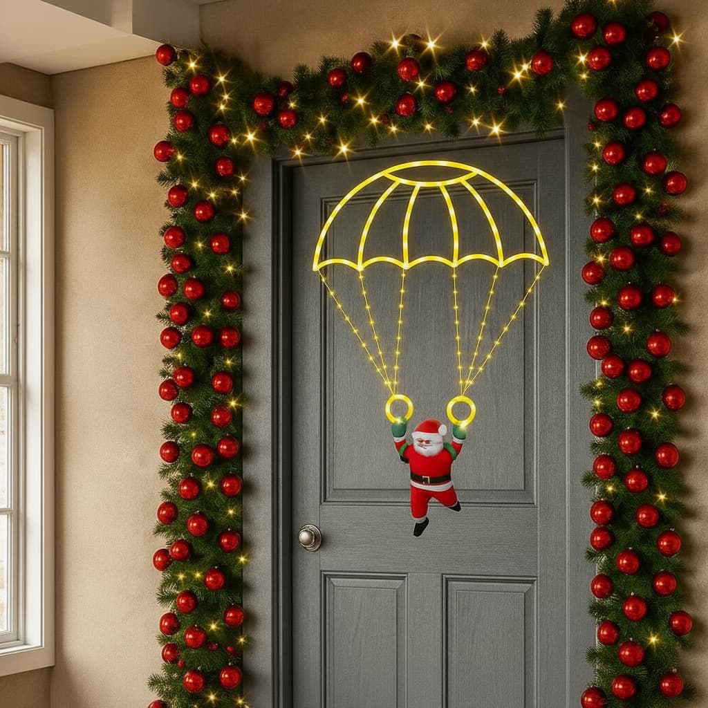 Enfeites de Natal Papai Noel Paraquedista Suspenso c Luz LED Amarela ou Colorida Decoração Iluminada