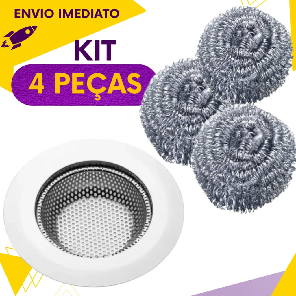 Kit 4, 3 ou 2 un - Ralo para Pia de Aço Inox com Borda Esponja De Aço Inox Não Enferruja