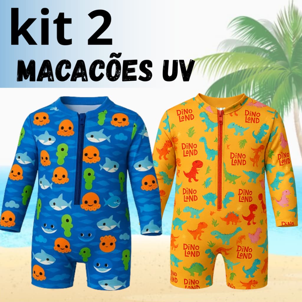 Kit 2 Macacão Masculino Proteção UV 1 a 6 Anos Estampa Variada Moda Praia Infantil