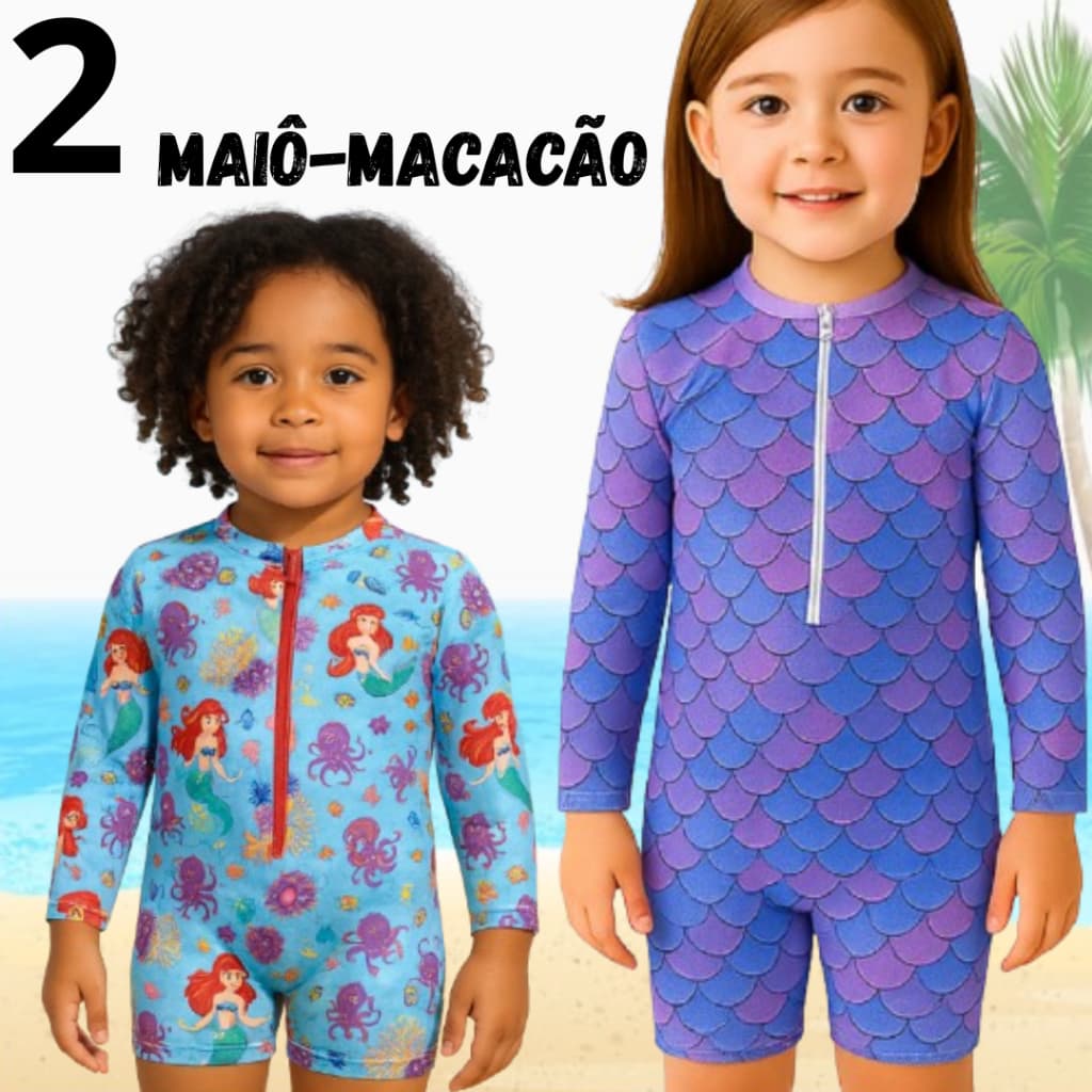 Kit 2 Maiô-Macacão Feminino Proteção Uv 1 a 6 anos Estampas Variadas