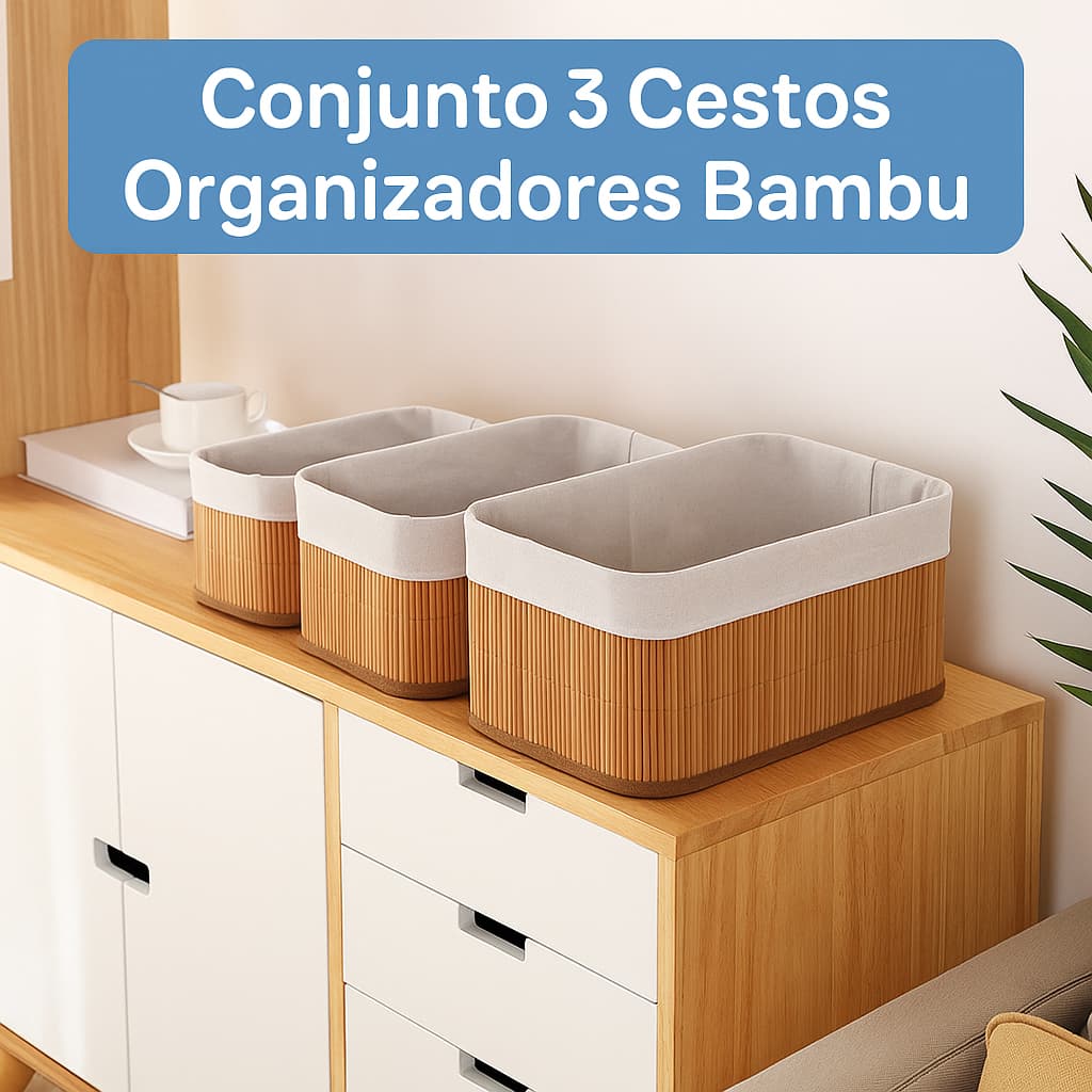 Conjunto 3 Cestos Organizadores de Bambu Ecológico Multiuso Decoração Sustentável