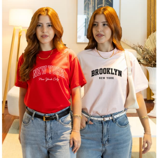 Kit 2 Camiseta Feminina e Masculina Estampada Streetwear Brooklyn e New York T-Shirt Algodão