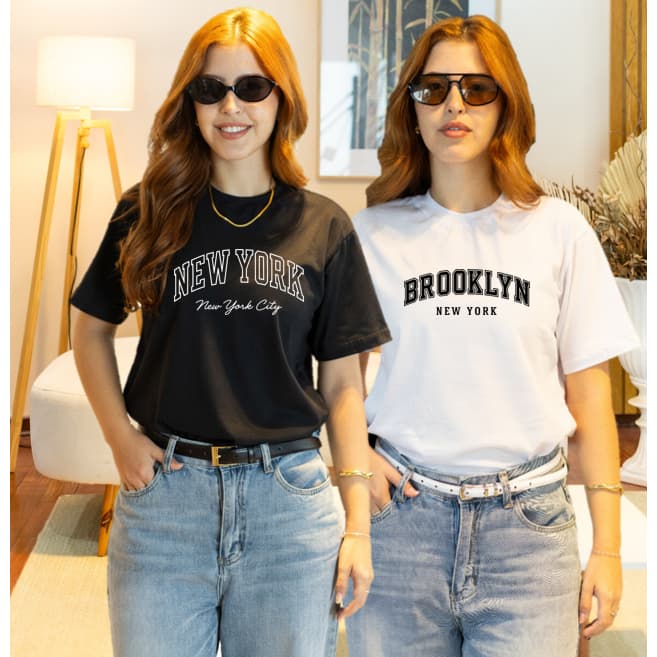 Kit 2 T-Shirt Feminina Camiseta Estampada 100% Algodão Blusinha Brooklyn e New York Envio Imediato