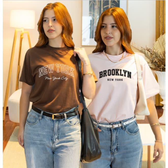 Kit 2 Blusinha Estampada Feminina Premium T-Shirt Brooklyn e New York Camisa 100% Algodão