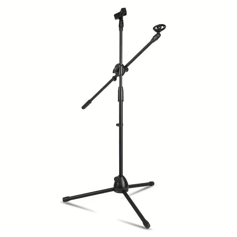 Pedestal P/ Microfone Profissional Duplo Girafa Ajustável com 2 Suportes e Cachimbo Estúdio e Palco