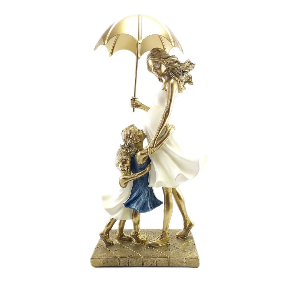 Escultura Decorativa Mãe Gestante com duas Filhas Estatueta em resina Mae com meninas