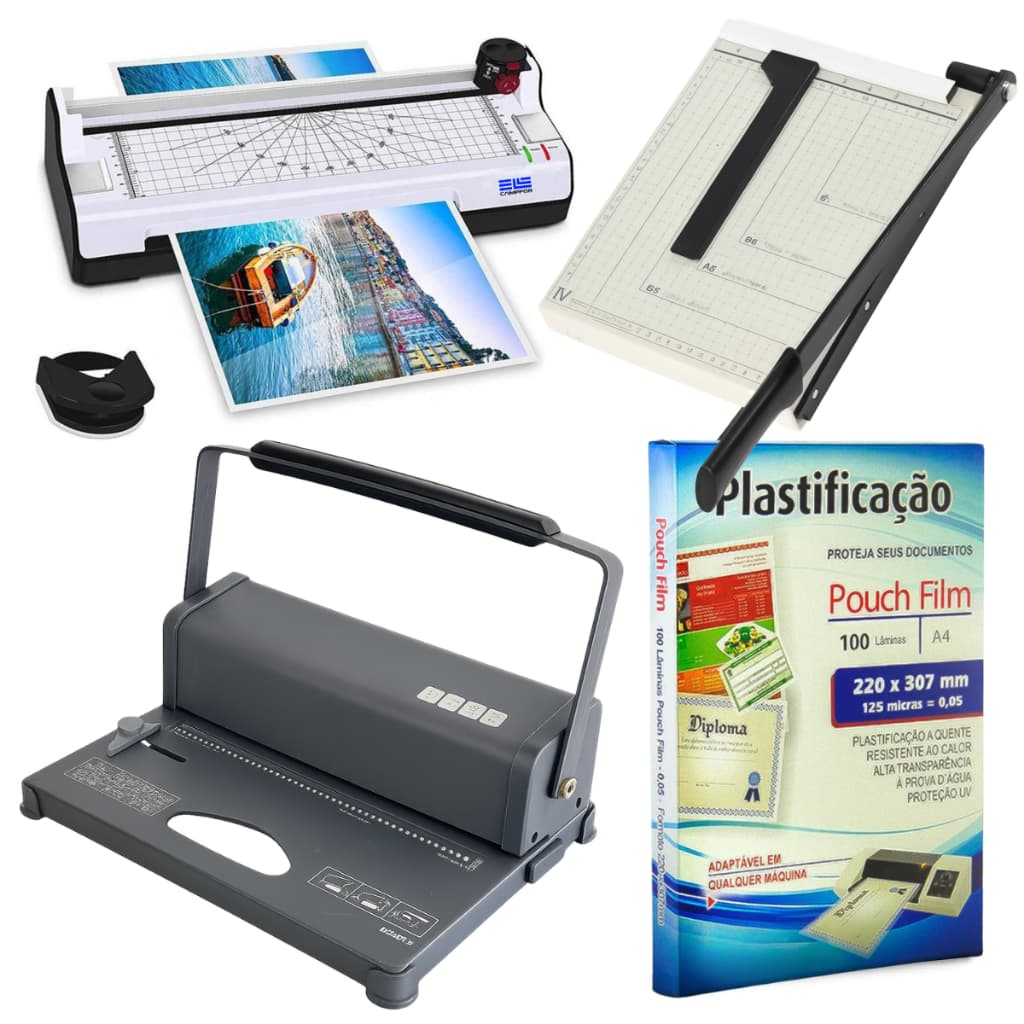 Kit Plastificadora Laminadora A4 + Polaseal A4 + Encadernadora Manual + Guihotina