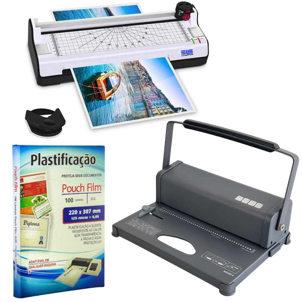 Kit Plastificadora Laminadora A4 + Plástico Polaseal A4 + Encadernadora Manual