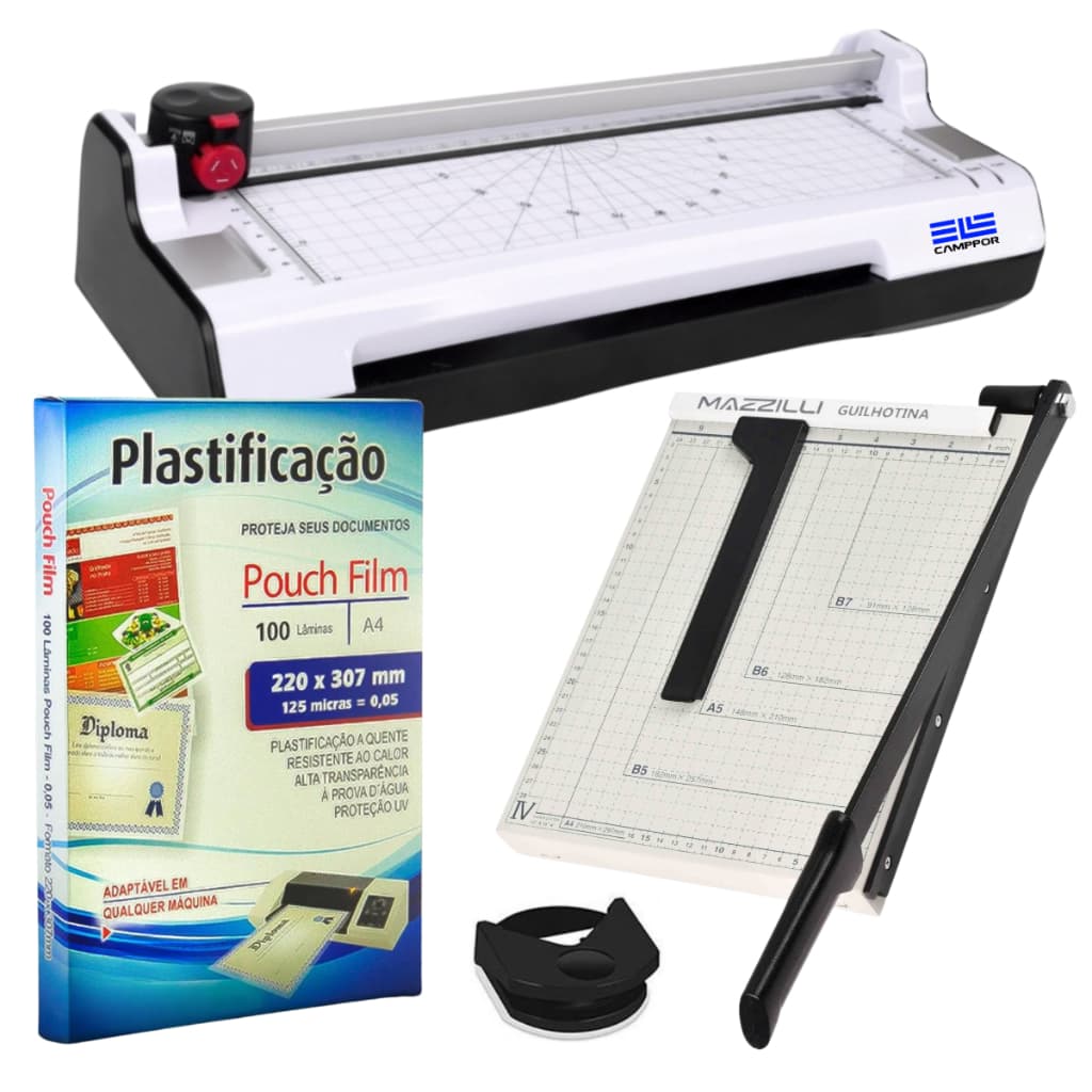Kit Plastificadora A4 + Guilhotina Trava 10 Folhas + 100 Plástico Para Plastificação