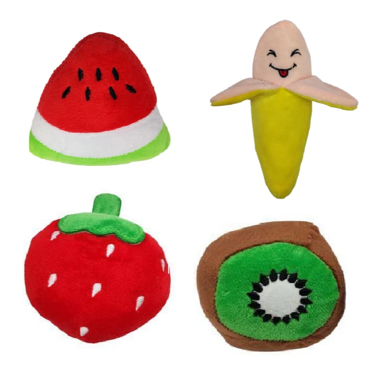 Kit Mordedor Pelúcia Frutinhas Divertidas - 4 Unidades com apito - Qualidade Premium- Envio Imediato