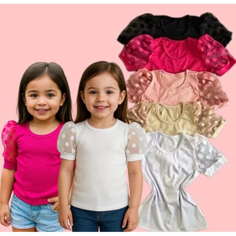 Blusa Infantil Feminina Ribana Canelada Manga Bufante Tule Poá – Várias Cores 4 a 10 Anos