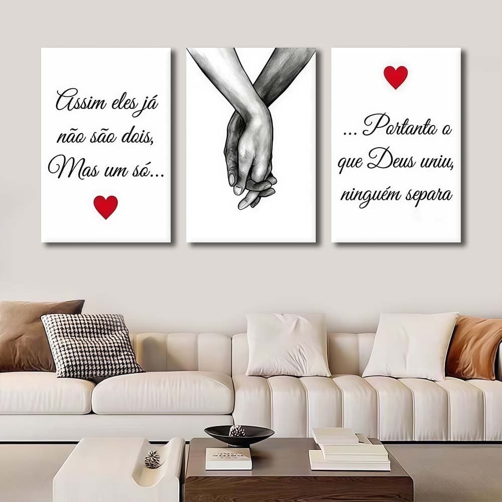 Kit 3 Quadros Decorativos "O Que Deus Uniu" Presente Casal Decoração de Quarto ou Sala