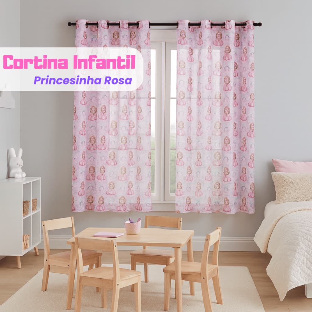 Cortina Infantil 2,00x1,70 Voil Estampado Princesinha Menina Quarto Bebê Decoração Rosa Com Bainha