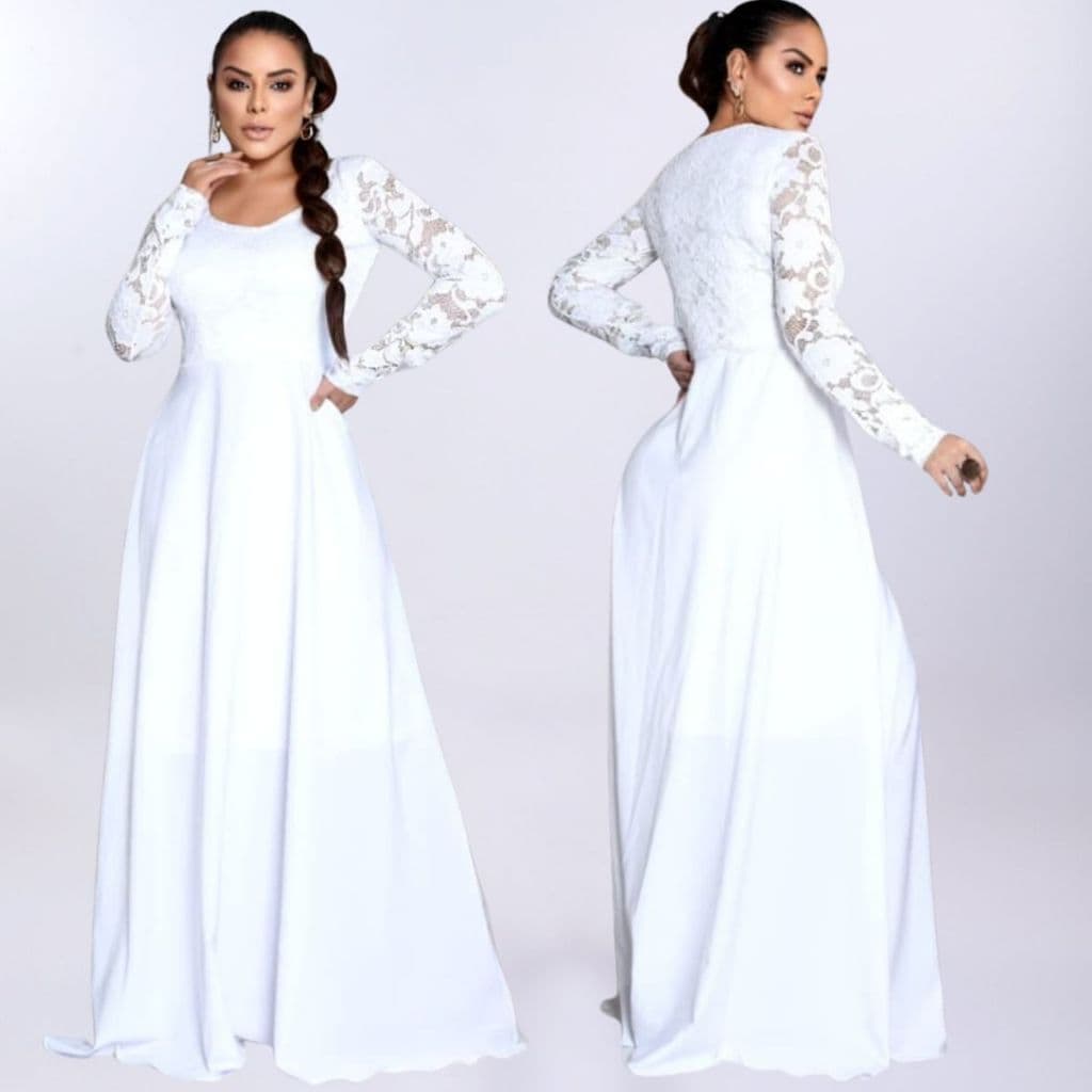 vestido elegante  longo godê de renda branco noiva casamento civil