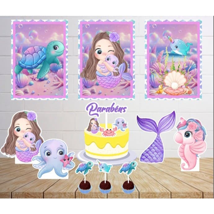 Kit Só um Bolinho - SEREIA MORENA CUTE-  Kit Festa em casa  - Aniversário, Mêsversário