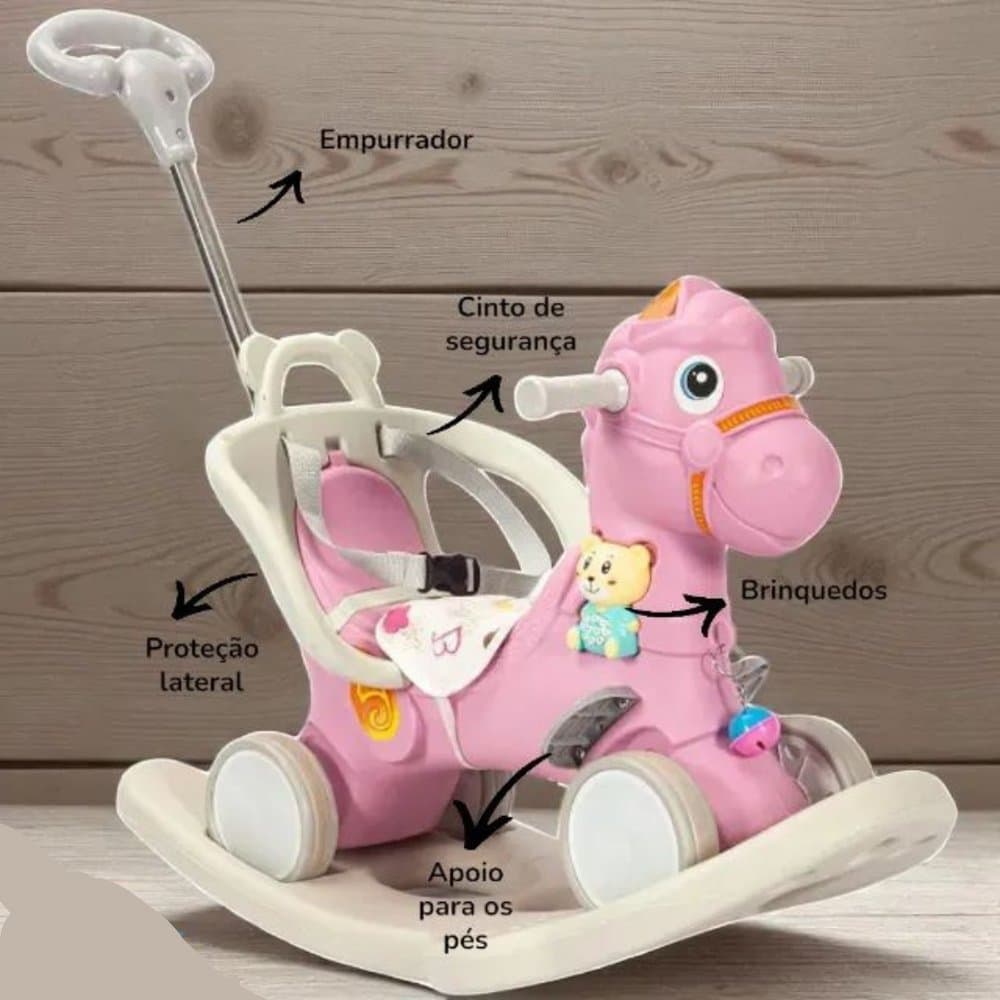 Cavalinho De Passeio E Balanço Infantil Com Empurrador Brinquedo Rosa Criança Unitoys 12 Meses 25Kg