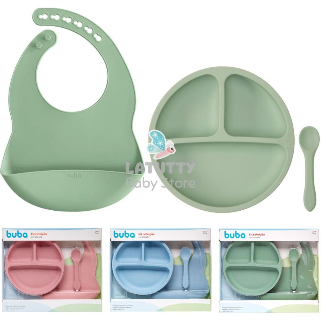 Kit Refeição Silicone Buba Alimentação Bebê 3 Peças Prato Ventosa Pratinho Bowl Colher Bebê Infantil Original Buba