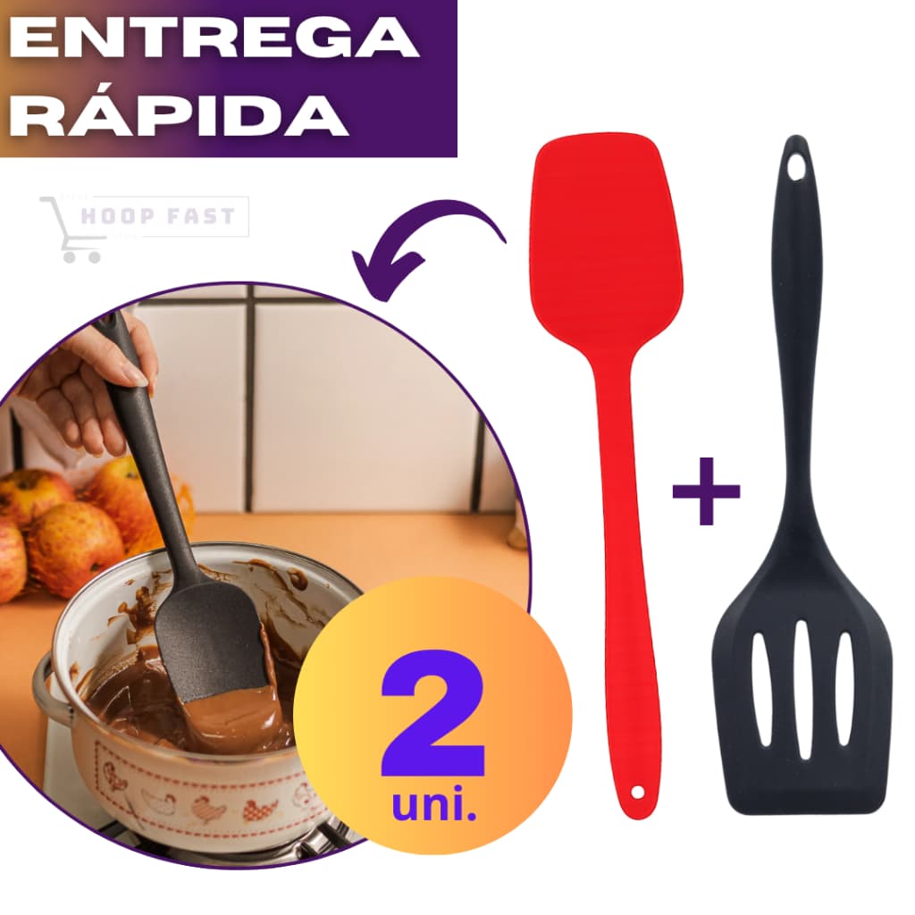 Espátula de Silicone Quadrada + Espátula Vazada de Silicone para Comida Cozinha Vermelha e Preta