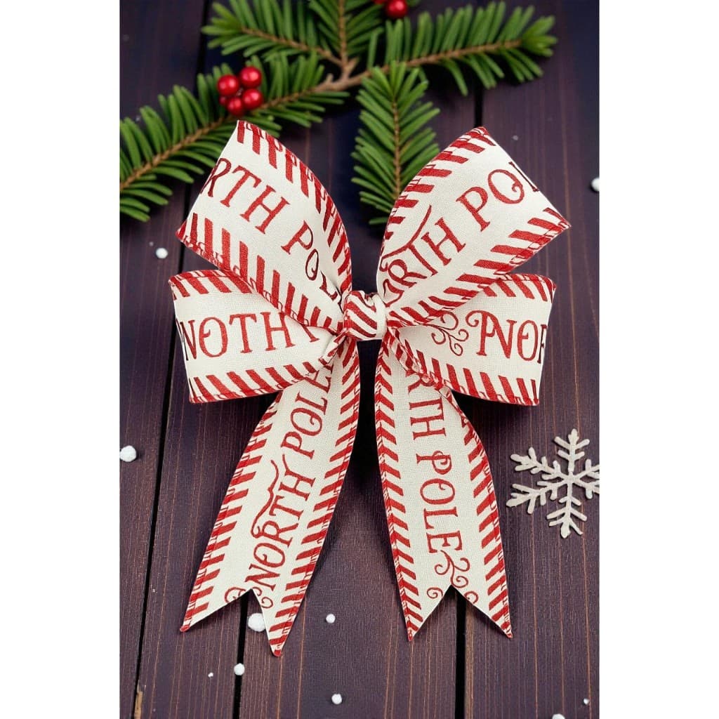 Fita de Natal aramada 9,14 cm por 6,3 branca com vermelho decoração natalina Flor arte.