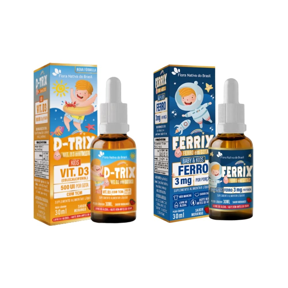KIT INFANTIL D-TRIX (vit. D3)+ FERRIX (ferro) GOTAS MORANGO 30ML FLORA NATIVA