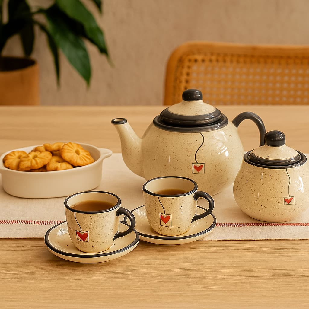 Conjunto Bule e Xícaras de Cerâmica Decorado Verde Jogo para Café da Tarde Elegante com Açucareiro