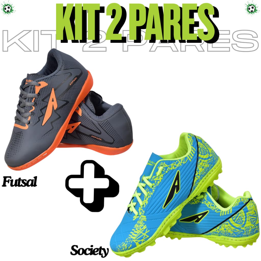 Kit 2 Pares Chuteira Infantil+Adulto Masculino Society+Futsal Colada E Costurada Leve Promoção