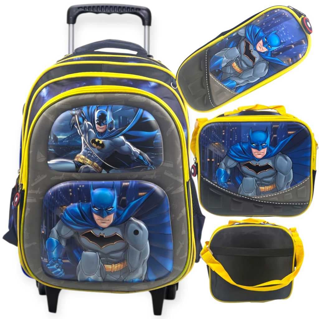 Mochila Infantil de Rodinhas Meninos 3D Bolsa Impermeável kit 3 pecas Com Lancheira e Estojo
