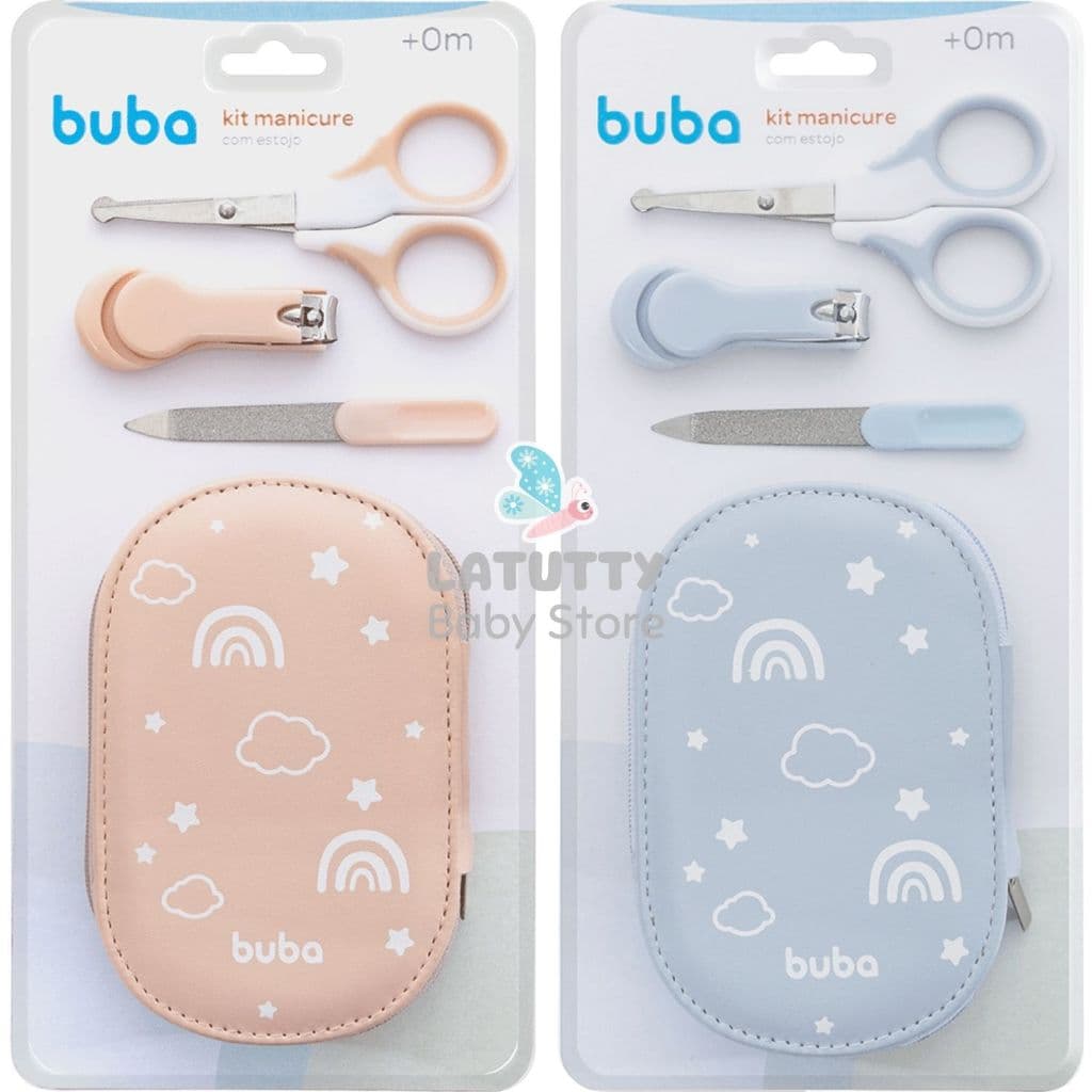 Kit Manicure Bebê Buba Cuidado e Higiene Bebe Tesoura Ponta Arredondada Lixa Cortador de Unhas com Estojo Azul Rosa