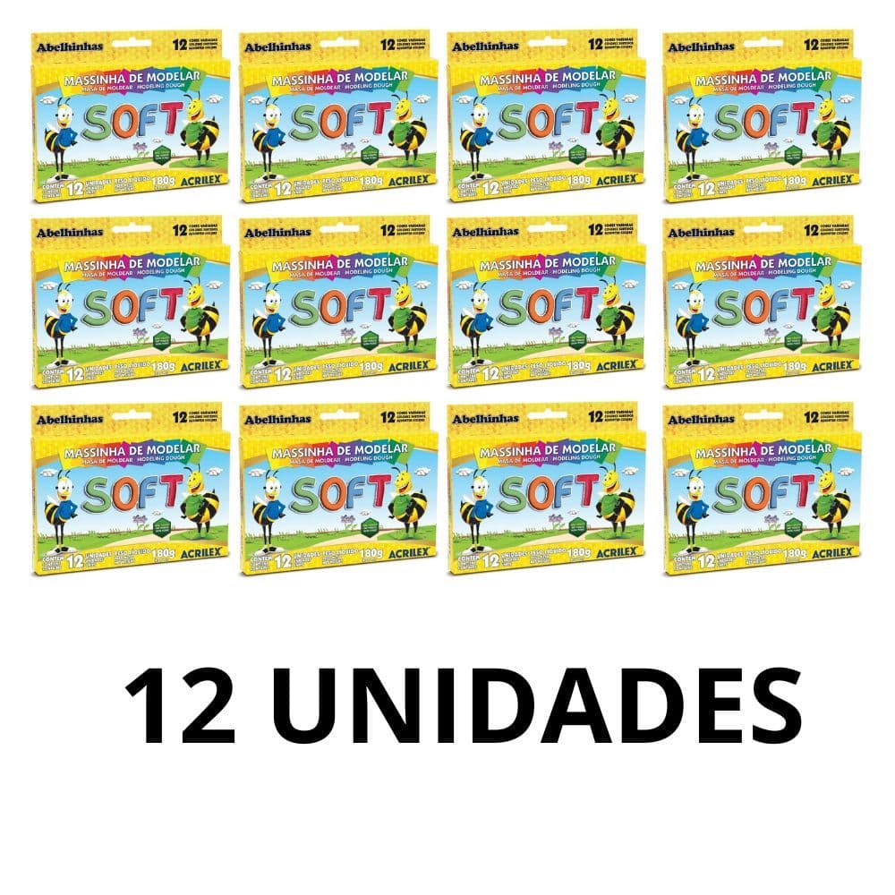 Massa Massinha de Modelar Soft 180g Acrilex 12 cores Escolar Festa Infantil Lembrancinhas - 12 caixas
