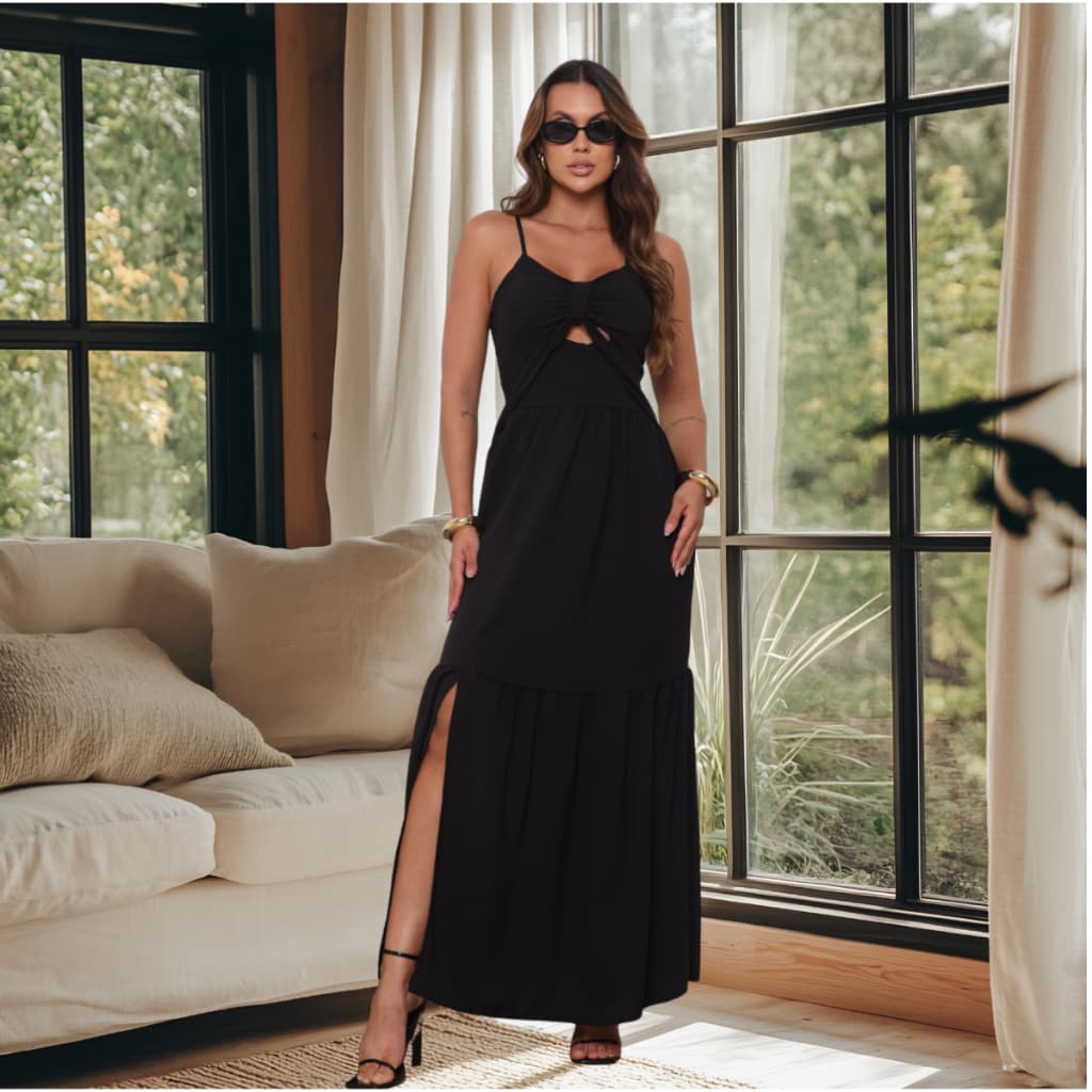 Vestido Preto Longo Tendência Moda Feminina Chique