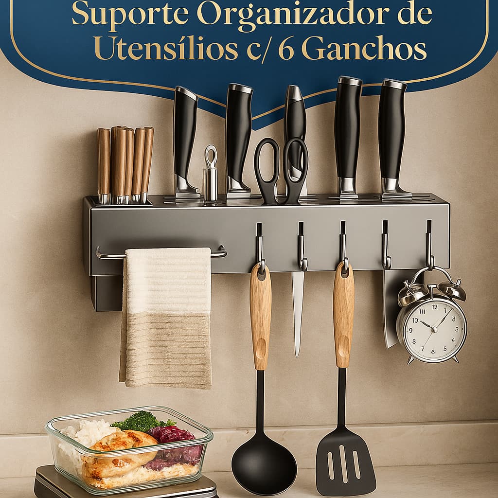 Suporte Organizador de Utensílios com 6 Ganchos Metal Cinza Prático Resistente