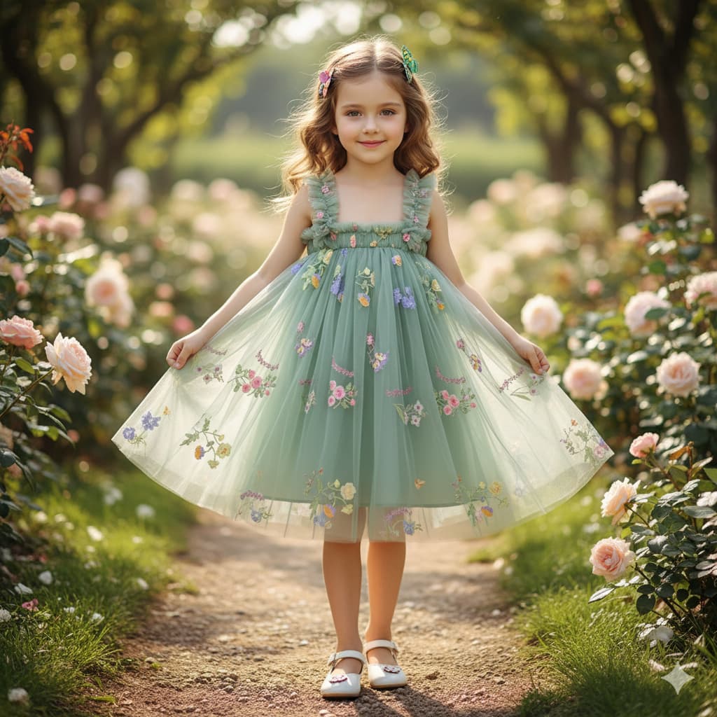 Vestido em tule duplo forrado e bordado com flores verde menta bebê menina, vestido princesa aniversario, vestido bebe