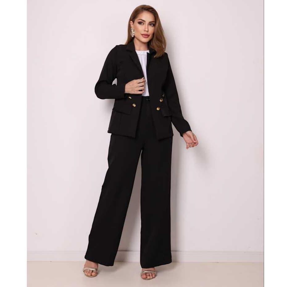 Conjunto Alfaiataria  Feminino Casaco + Pantalona Com Botão P M G GG