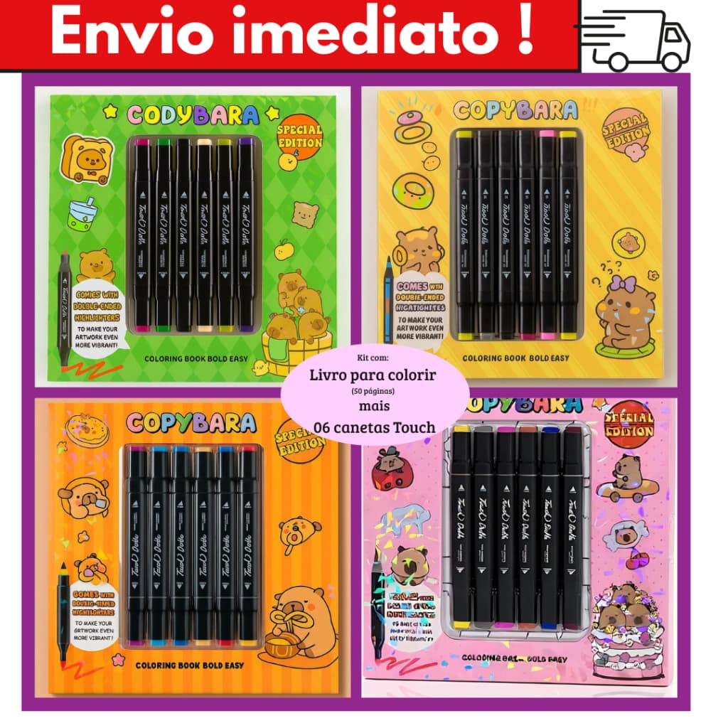 Kit Livro para Colorir + 6 Canetas Touch | Capa Holográfica 23x23 | Papel 180g | Edição Especial | Pronta Entrega