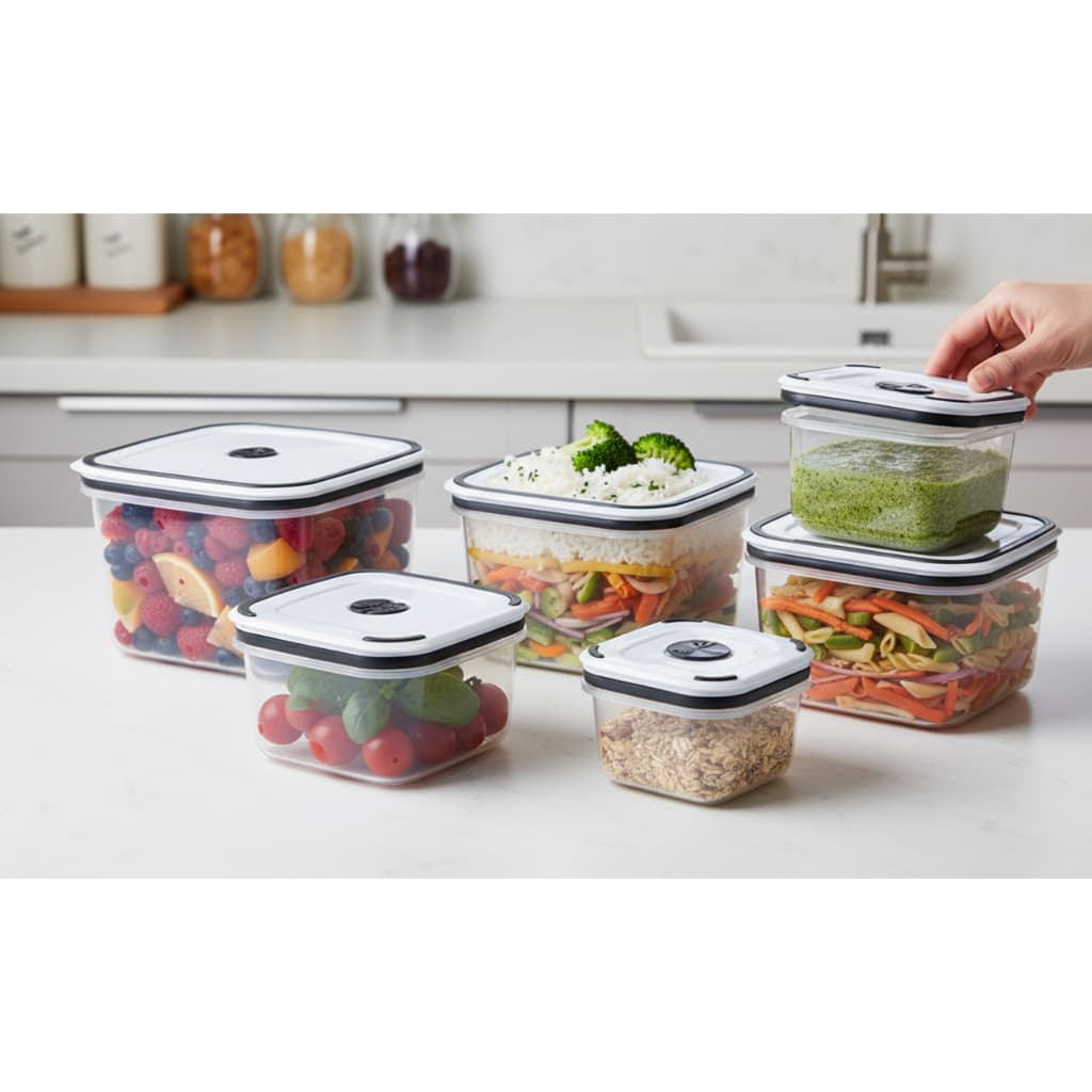 Kit 5 Potes Herméticos Quadrados Plástico Tampa Branca Vedação A Vácuo BPA Free Cozinha