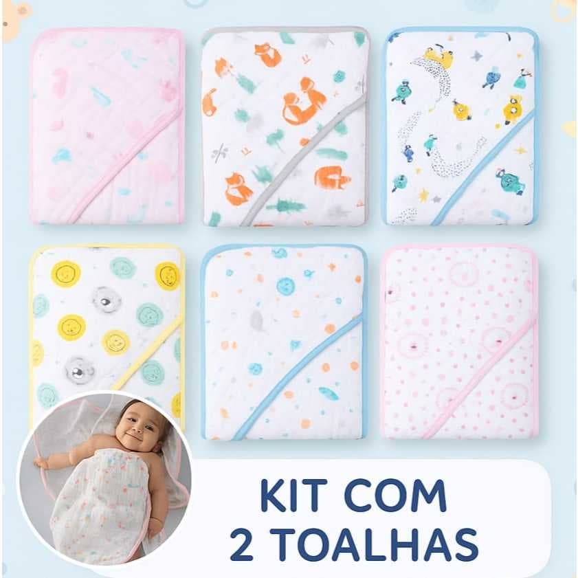 Kit 2 Peças Toalha de Banho Bebê com Capuz Toalha Fralda Suave e Detalhe em Bainha Estampada 80x80
