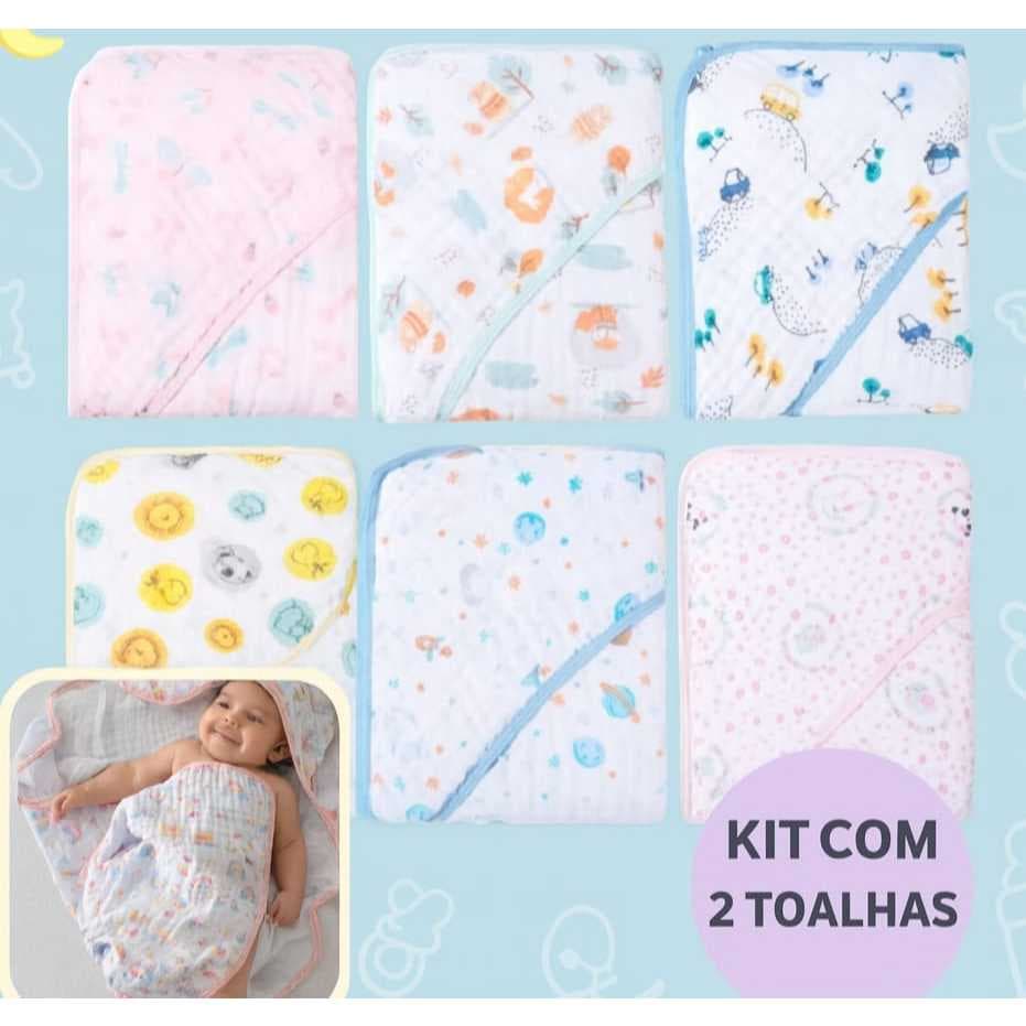 Kit Com 2 Toalha de Fralda com Capuz e Bainha Estampada 80x80 Toalha De Bebê Banho