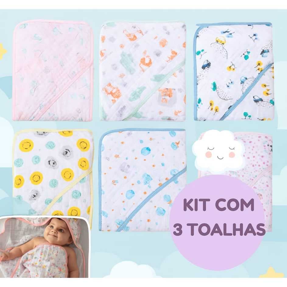 Kit Com 3 Peças Toalha De Banho Para Bebê 80x80 Toalha Com Capuz Estampada Forro De Fralda
