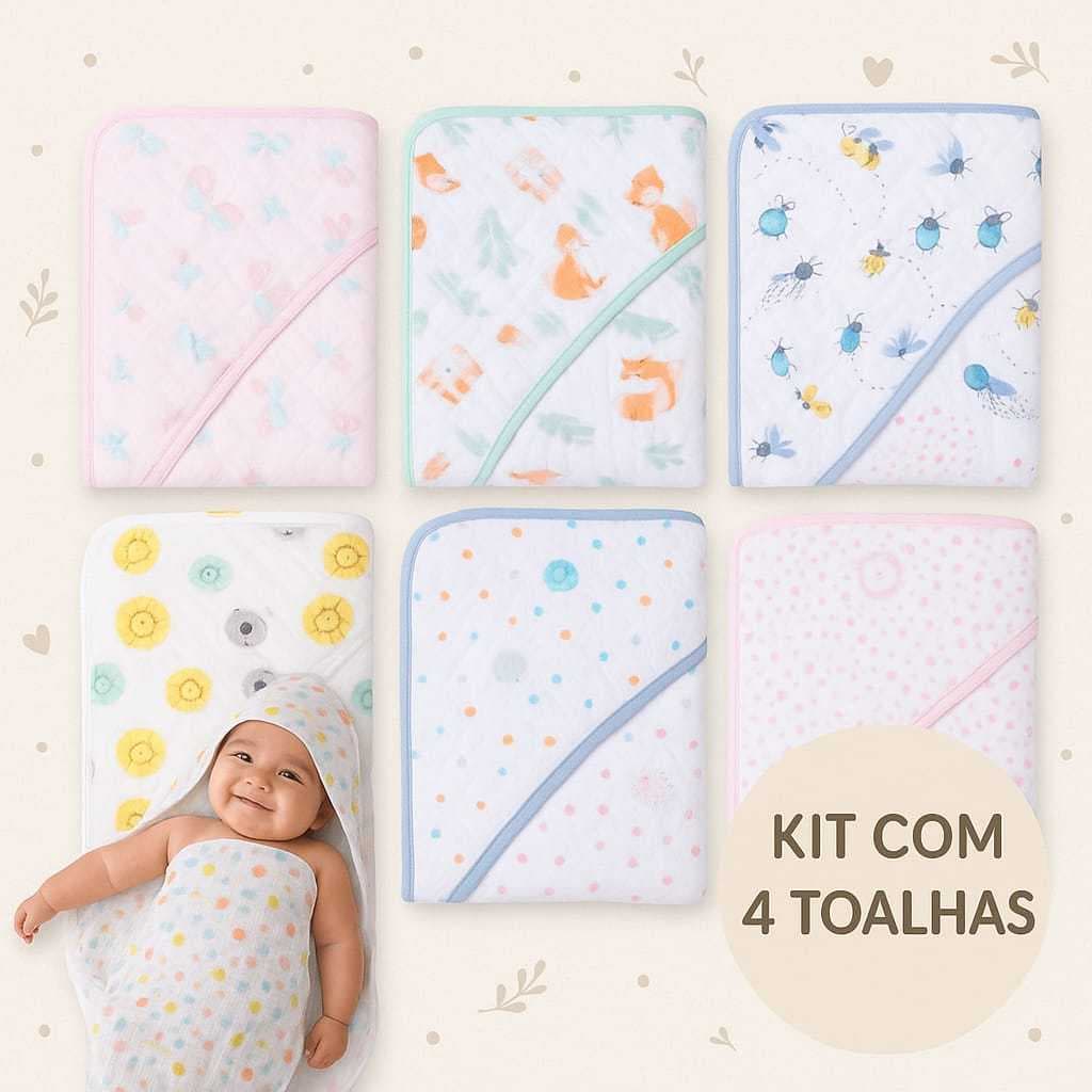 Kit Com 4 Peças Toalha Fralda Toalha Com Touca 80x80 Toalha De Bebê Banho Estampada