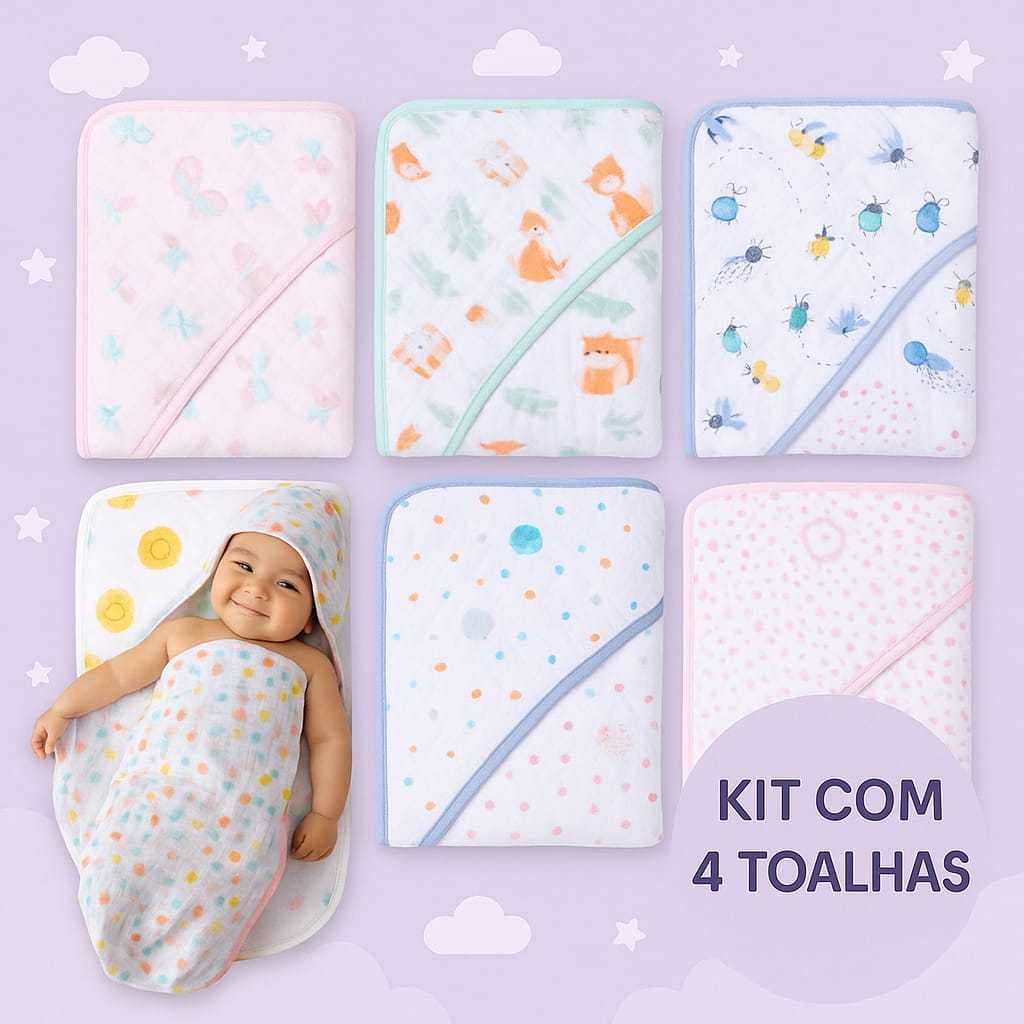 Kit Com 4 Unidades Toalha De Bebê Com Capuz Forro De Fralda Toalha banho 80x80