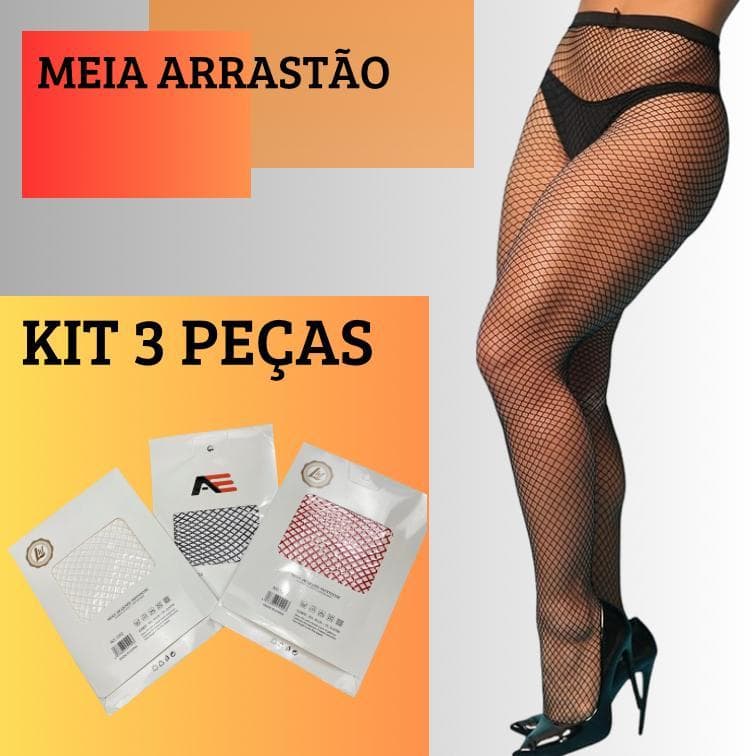 Kit 3 Meias Arrastão Feminina Cos Alta adulto Festa Looks Fantasia Carnaval Cores Preta  Branca Neon