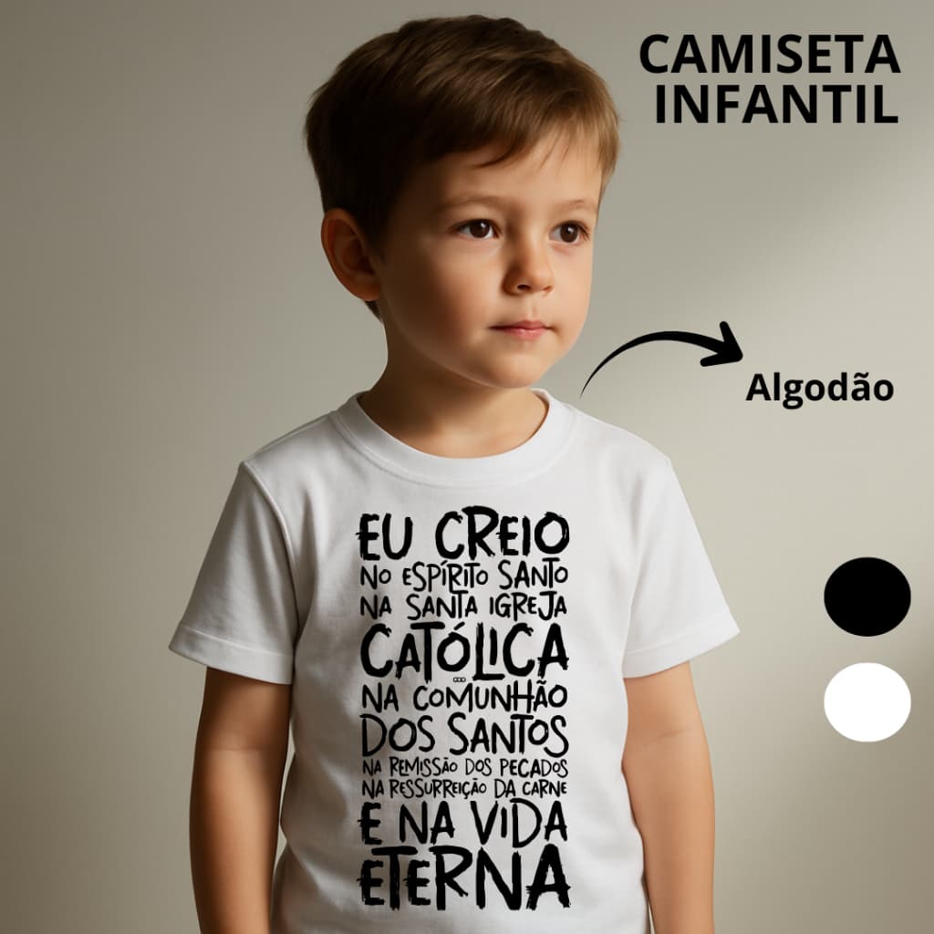 Camiseta Infantil Criança Católica Estampada Minimalista "Oração Creio Credo" Missa Retiro Igreja 100% Algodão
