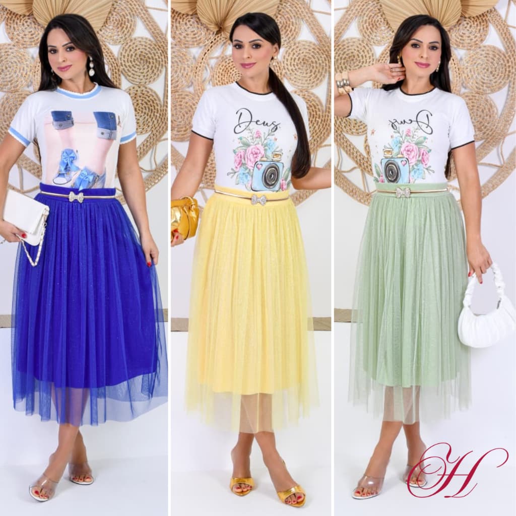 Saia Tule de Brilho Glitter forrada Lisa Moda evangélica Fardamento Festividade Congresso