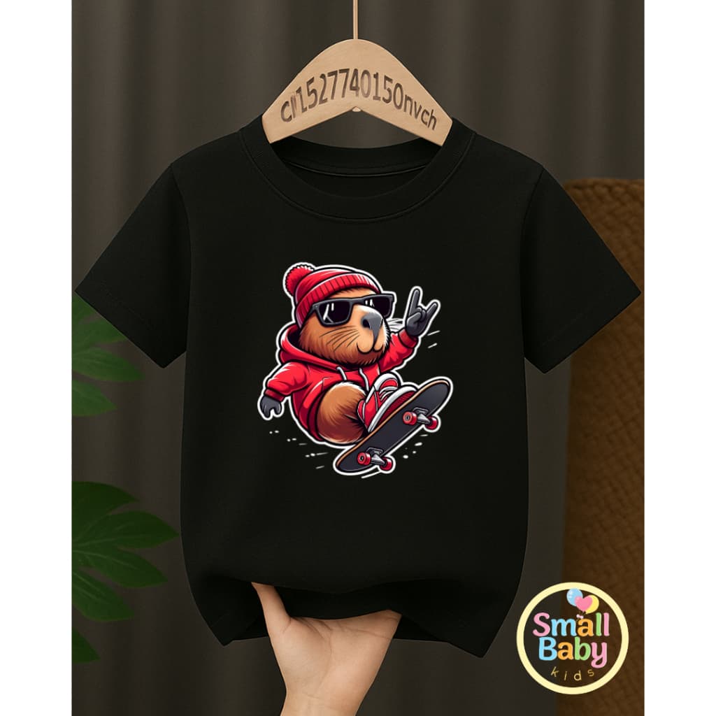 Camiseta Infantil Juvenil Unissex Capivara Skate Vermelho Estampada Desenho Descolado Personagem