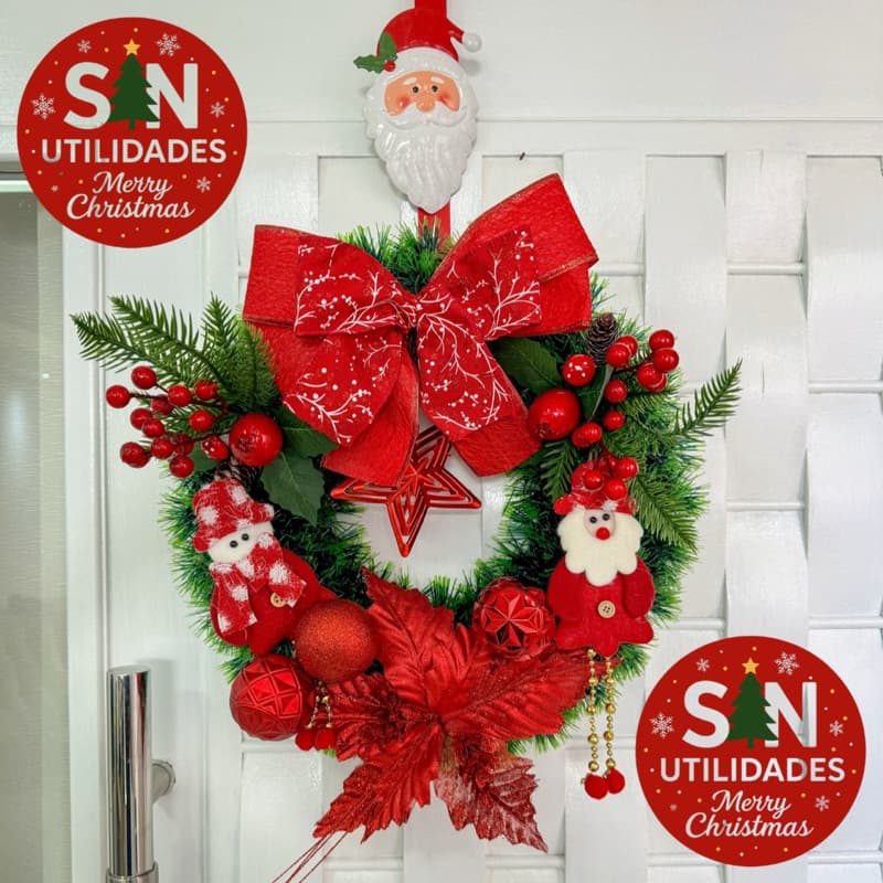 Kit Guirlanda Natalina com Gancho para Guirlanda Natal Luxo Vermelha Papai Noel Boneco de Neve