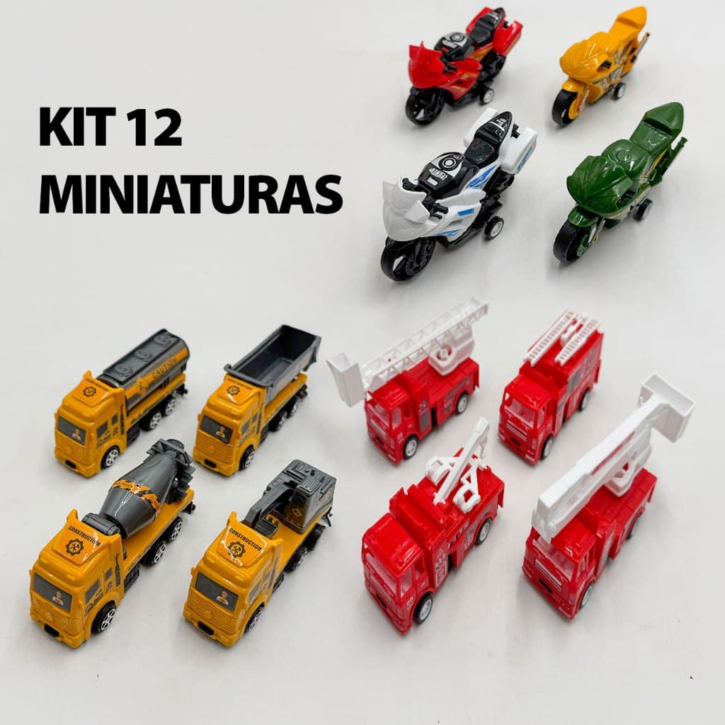 Brinquedo Infantil Kit 12 Carrinhos Miniaturas Motos Bombeiros Caminhão Construção Fricção
