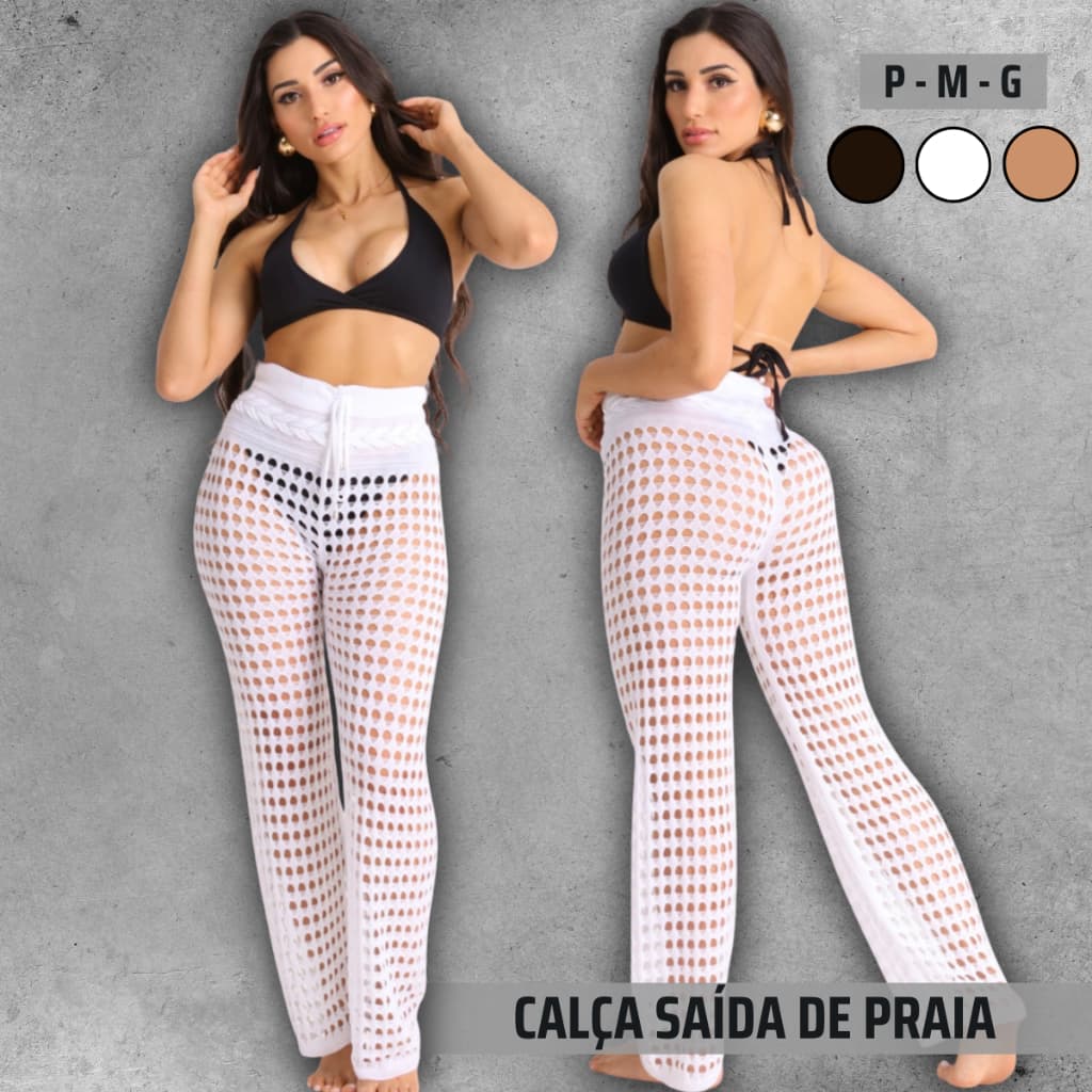Calça Pantalona Folgadinha Saída De Praia E Piscina Tricot Crochê Moda Verão Feminina Cos Alto Com Cordão Tricô Banho